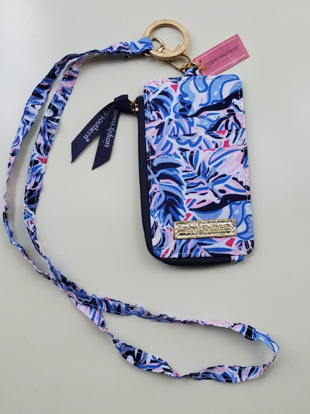 Simply Southern Blue and Pink Patterned Lanyard Card & ID Wallet With Zip Pocket - Picture 2 of 2